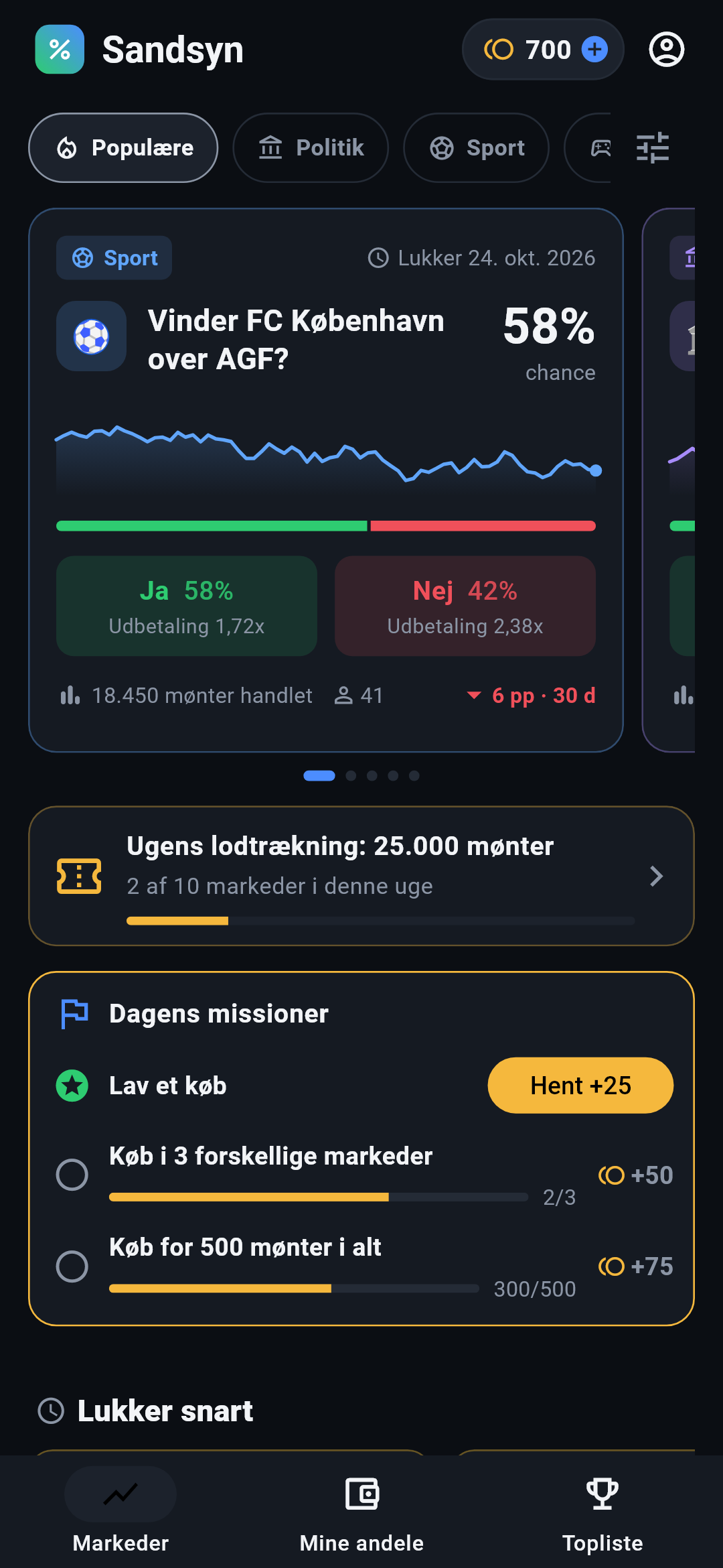 Sandsyns forside med markeder og dagens missioner