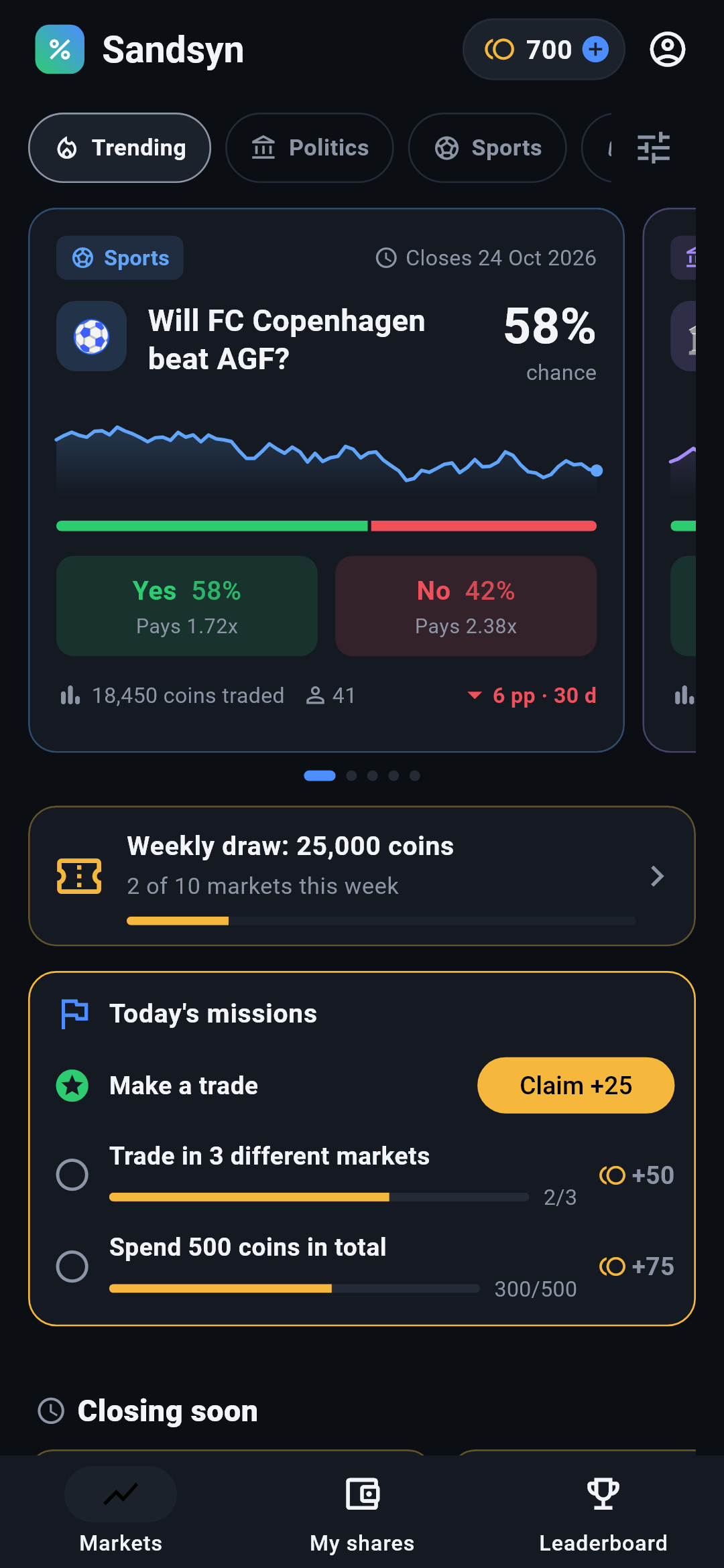 Sandsyn home screen with markets and today's missions